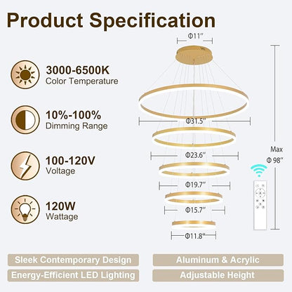 5 Rings Modern LED Chandelier Gold Large High Ceiling Chandeliers with Remote Control Contemporary Pendant Light Dimmable for Staircase Entryway Living Room Foyer Villa(3000K-6500K D31.5)
