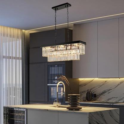 Weesalife Black Crystal Chandeliers for Dining Room Light Fixtures Over Table，9-Lights Modern Rectangle Chandeliers for Kitchen Island Bar L28 Inch