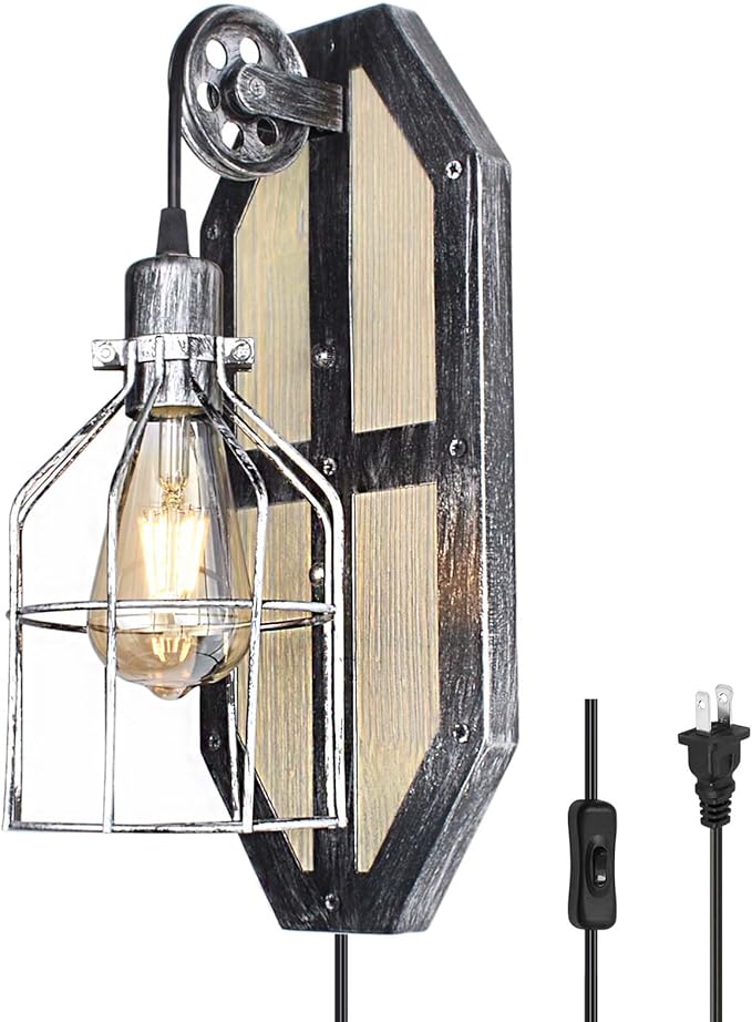 Steampunk Industrial Pulley Wall Sconce Plug in, Shabby Chic Metal Wall Mounted Lamp with Switch Retro Vintage Wall Light Fixtures with 8FT Plug in Cord, E26 Base(Edison Bulb Included, 1 Pack)