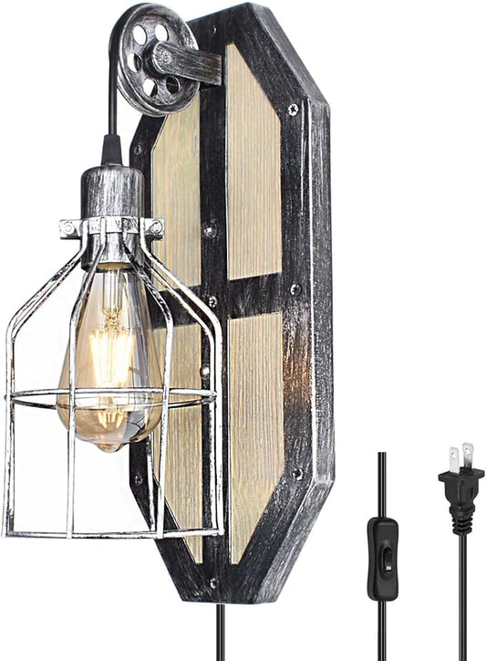 Steampunk Industrial Pulley Wall Sconce Plug in, Shabby Chic Metal Wall Mounted Lamp with Switch Retro Vintage Wall Light Fixtures with 8FT Plug in Cord, E26 Base(Edison Bulb Included, 1 Pack)