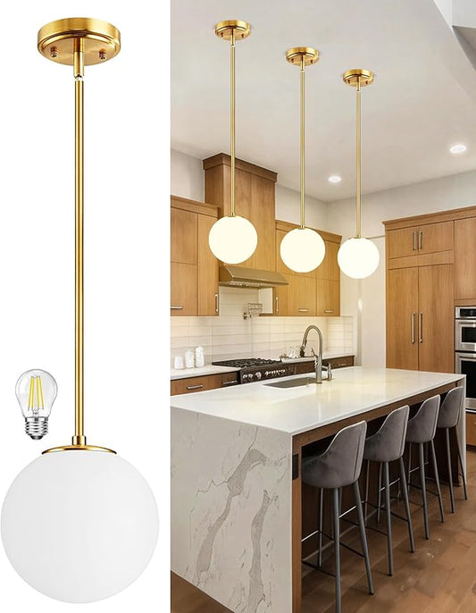 Majade 7.4" Globe Pendant Light Gold Mid Century Modern Pendant Lights Fixture Kitchen Island Lighting with Milk Glass Shade Brushed Brass Finished Adjustable Hanging Light for Dining Room