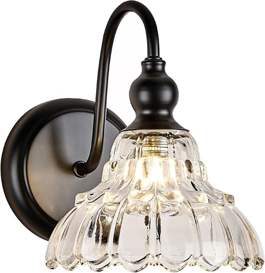 Modern Black Wall Sconce Mini Wall Light Made of Metal Body and Pressed Patterned Glass Retro Vanity Light for Bedroom, Bathroom, Doorway, Farmhouse