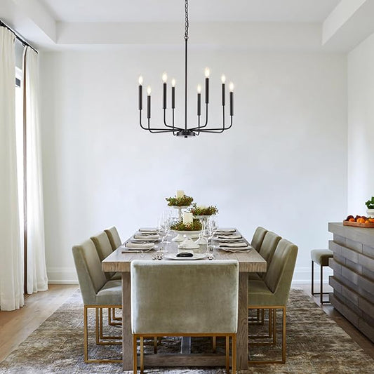 Modern Black Chandelier for Dining Room, 8-Light Metal Farmhouse Dining Room Light Fixtures Hanging Candle Chandelier Lighting for Kitchen, Living Room, Foyer, Entryway, Bedroom