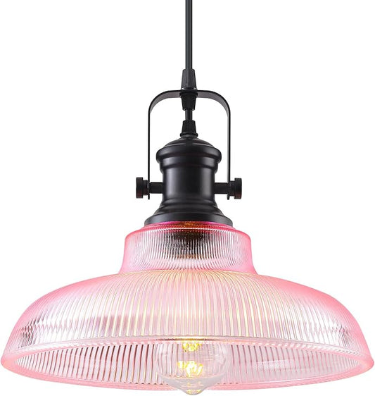 Pink Glass Pendant Lights Kitchen Island, 12in, Ribbed Glass Kitchen Pendant Lights Fixture, Farmhouse Pendant Lighting for Dining Room Bedroom Bar Sink, 1 Pack