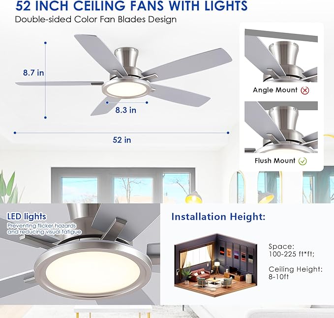 BYKISTOK 52“ Ceiling Fan with Lights and Remote/APP - Flush Mount Low Profile Ceiling Fan Light with 3CCT Dimmable, 6 Speeds Reversible, Modern Fan Light Fixture for Indoor, Covered Patios, Nickel
