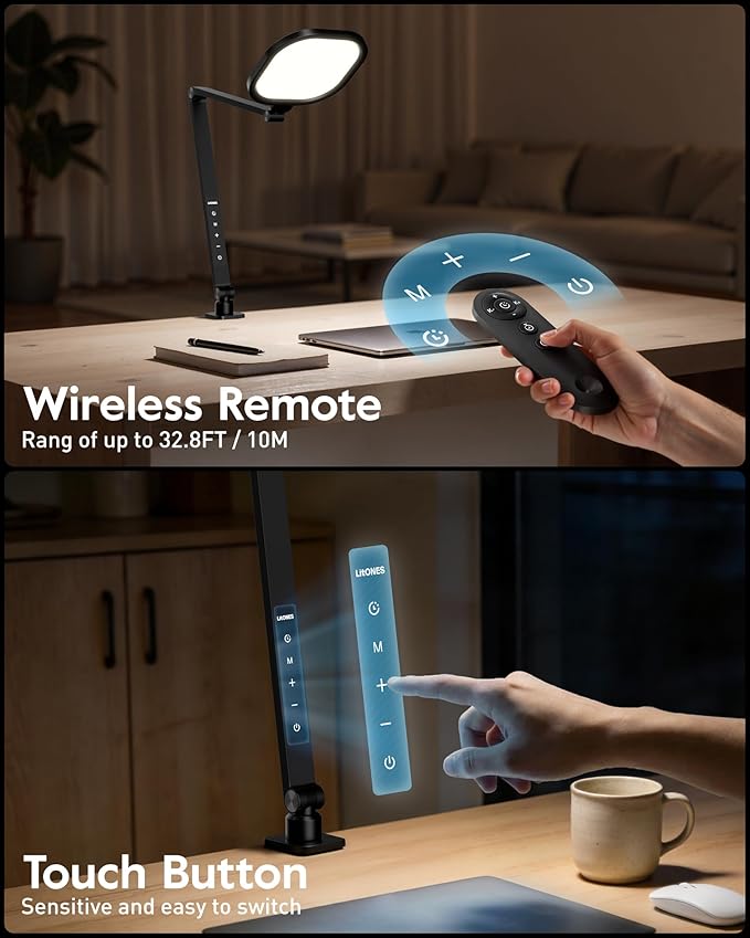 LitONES Desk Lamp with Clamp for Home Office, Advanced Eye-Caring Zoom Lighting for Video Calls with 2000LM, 15W, CRI >97.8, 3 Colors & 10 Brightness, Remoted Desk Light with Memory & Timer