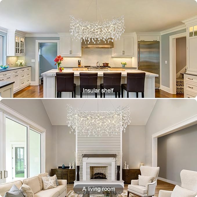 Modern Crystal Silver Chandelier, 47" Large Rectangular Tree Branch Chandeliers for Dining Room Over Table,Living Room,High Ceiling,Kitchen Island,Foyer,Staircase, Crystals Ceiling Light Fixtures