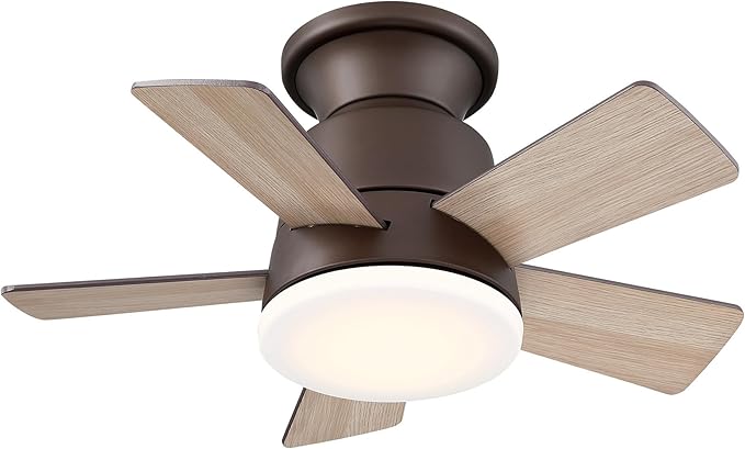 24" Mini Flush Mount Ceiling Fan with Light and Remote, 5-Blade Small Ceiling Fan for Bedroom Kitchen Office, Reversible AC Motor, Hugger Low Profile Fan with 3000K LED Light，Antique Brass