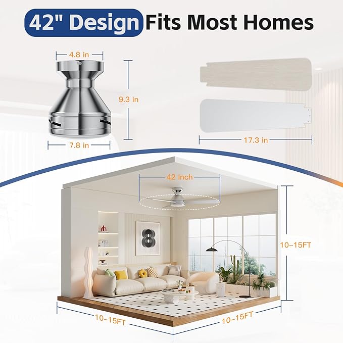 Ceiling Fans with Lights, 42 Inch Ceiling Fan with Light And Remote, 3CCT Flush Moun Low Profile Ceiling Fans, 6 Speed Noiseless LED Ceiling Fan, Advanced Nickel Ceilings Fan for Bedroom Living Room