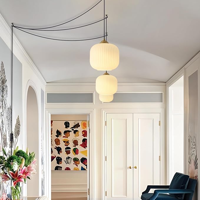 Small Milk Glass Hanging Pendant Light Plug in Brushed Gold Pendant Light Brass Pendant Lights Kitchen Island White Globe Lights Plug in Modern Hanging Chandelier