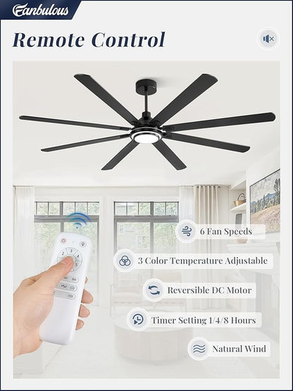 Fanbulous 84 Inch Ceiling Fans with Lights and Remote, Black Ceiling Fan with 8 Dual-Color Blades, Indoor/Outdoor Large Ceiling Fans, Reversible DC Motor, 6-Speed, 3CCT for Living Room Kitchen Patio