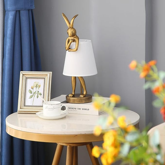 Bunny Table Lamp, Resin Animal Rabbit Lamp, LED Bunny Decor Lamp with Fabric Shade, Vintage-Style Component,Suitable for Office Study and Bedside (White H15.7)