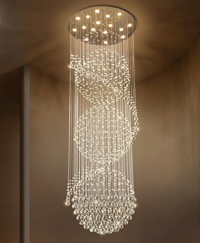 D40'' x H120'' Crystal Chandelier for Entryway High Ceiling Chandeliers Glam Chandelier Modern Large Raindrop Chandeliers LED Dimmable Light Fixtures for Staircaes Foyer Living Room Silver