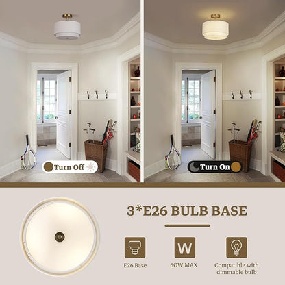 Vexagyle Gold Light Fixtures Ceiling Mount,12.6'' Semi Flush Mount Ceiling Light Fixtures,Nursery Light Fixture with 2-Layer White Shade,Modern Drum Ceiling Lights for Bedroom,Living Room,Hallway