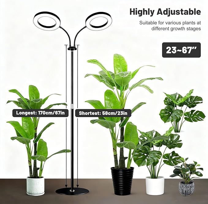 48W LED Grow Light for Indoor Plants, Dual-Head Plant Light with Full Spectrum, Adjustable Height 23-67"", Timer & Dimming, UV Light for Plants Indoor, Grow Lamp for Tall Houseplants