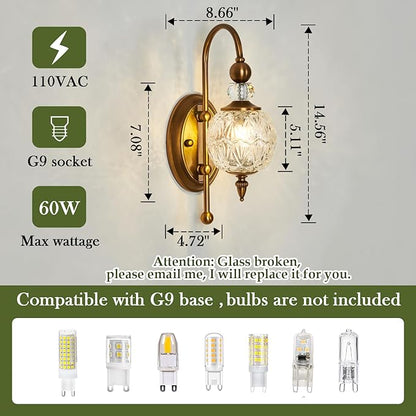 Piepooye Vintage Gold Wall Sconce with Glass Globe Shade Mid Century Brushed Brass G9 Bulb Vanity Light Indoor Wall Light for Bathroom Farmhouse Bedroom Living Room Hallway