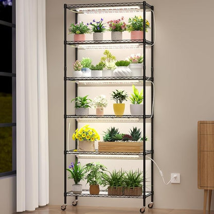 Plant Stand with Grow Light, 6-Tier DIY Plant Shelf with Grow Lights for Seedlings, Greenhouse, Indoor, 8 Pack 5000K 192W LED Full Spectrum Growing Lamp with Rack, Wheel, 29"x13.5"x73.5"