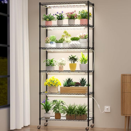 Plant Stand with Grow Light, 6-Tier DIY Plant Shelf with Grow Lights for Seedlings, Greenhouse, Indoor, 8 Pack 5000K 192W LED Full Spectrum Growing Lamp with Rack, Wheel, 29"x13.5"x73.5"