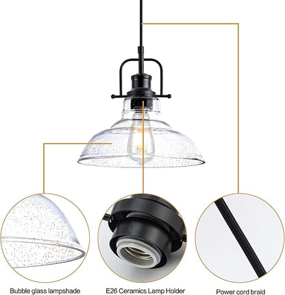Zlepmlla Glass Pendant Light，Black Pendant Light Fixtures with Seeded Glass Shade, Adjustable Height Hanging Lights for Hallway, Kitchen Island, Dinning Room（Bulb not Included）
