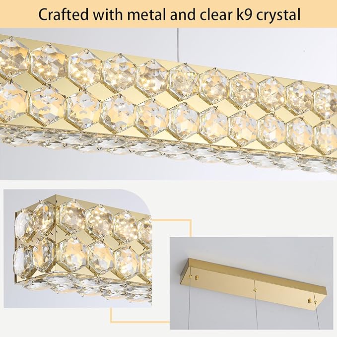 47'' Modern Crystal Chandelier for Dining Room Ceiling Light Fixture for Living Room Hallway Lighting LED Dimmable with Remote Gold