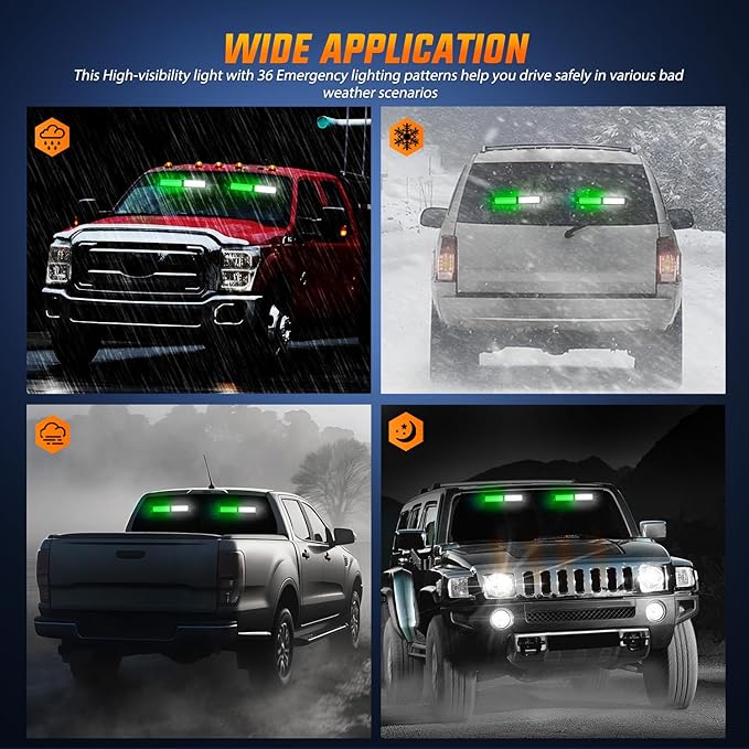 Nilight 40LED Green White Emergency Strobe Traffic Advisor Light Bar with Suction Cups Dash Safety Warning Hazard Flashing Lights Interior Front/Rear Windshield for Trucks Construction Vehicles