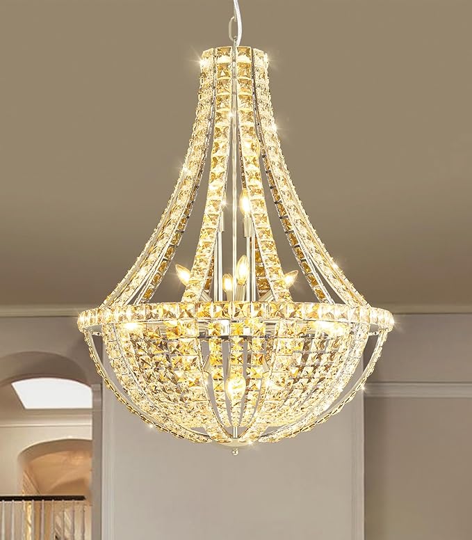 Luxury Large Empire Chandelier High Ceiling Crystal Chandeliers for Foyer Gold Light Fixture for Staircase Living Room E12 Bulbs Required