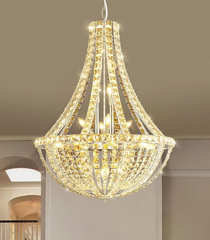 Luxury Large Empire Chandelier High Ceiling Crystal Chandeliers for Foyer Gold Light Fixture for Staircase Living Room E12 Bulbs Required