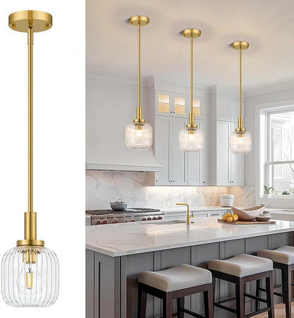 Brushed Gold Pendant Lights Kitchen Island, 1-Light 5.9" Modern Glass Pendant Light with Clear Glass and Rods, Mini Hanging Lighting for Kitchen Sink Bathroom Bedroom, OS-YQ7749-1PBG