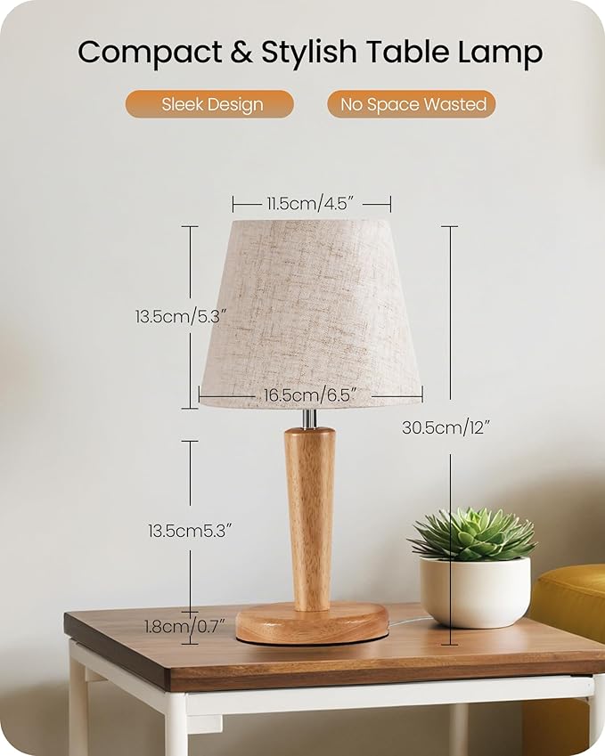 12" Wood Bedside Table Lamps Set of 2, Small Desk Lamps for Small Places, 3 Color Temperatures with Memory, Beige Linen Shade & E26 Bulbs, for Bedroom Living Room Office ME13TLP205