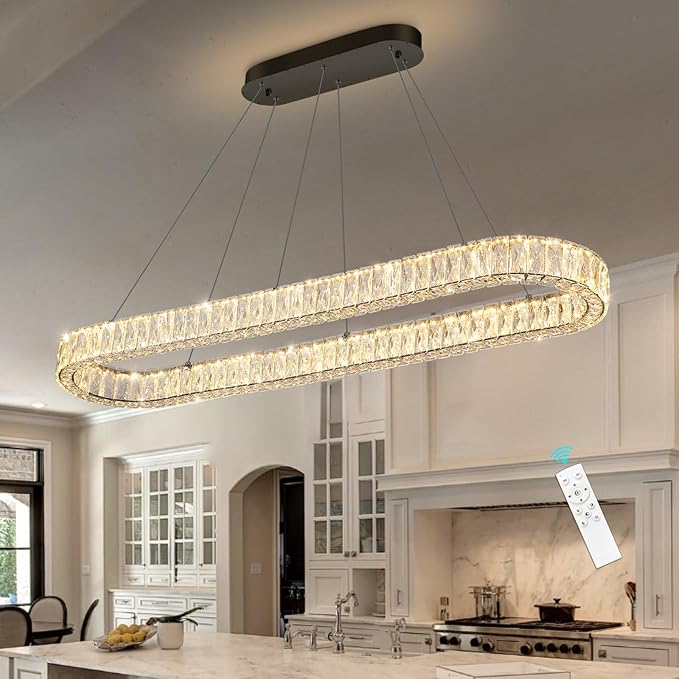 HAIXIANG Modern Crystal Chandelier Dimmable LED Long Chandeliers for Dining Table Pendant Lights Rectangular Glam Lighting Fixtures for Dining Room Kitchen Island Black