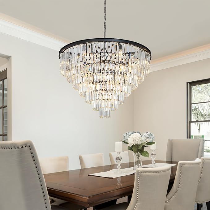 Black Crystal Chandelier Modern Large Dining Room Chandelier 17 Lights 7-Tier Luxury Round Top K9 Ceiling Pendant Light Fixture for High Ceiling Living Room Foyer Staircase