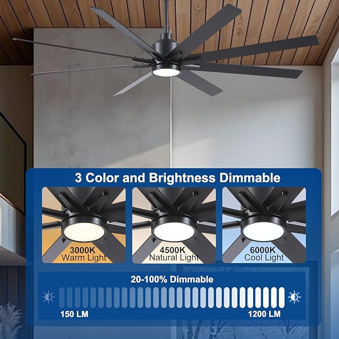 Rayqueen 72 Inch Large Ceiling Fans with Lights and Remote, Black Blades, 3CCT Dimmable LED, 6-Speed Reversible DC Motor, Ultra Quiet, 3 Timers for Living Room, Great Bedroom & Covered Outdoor