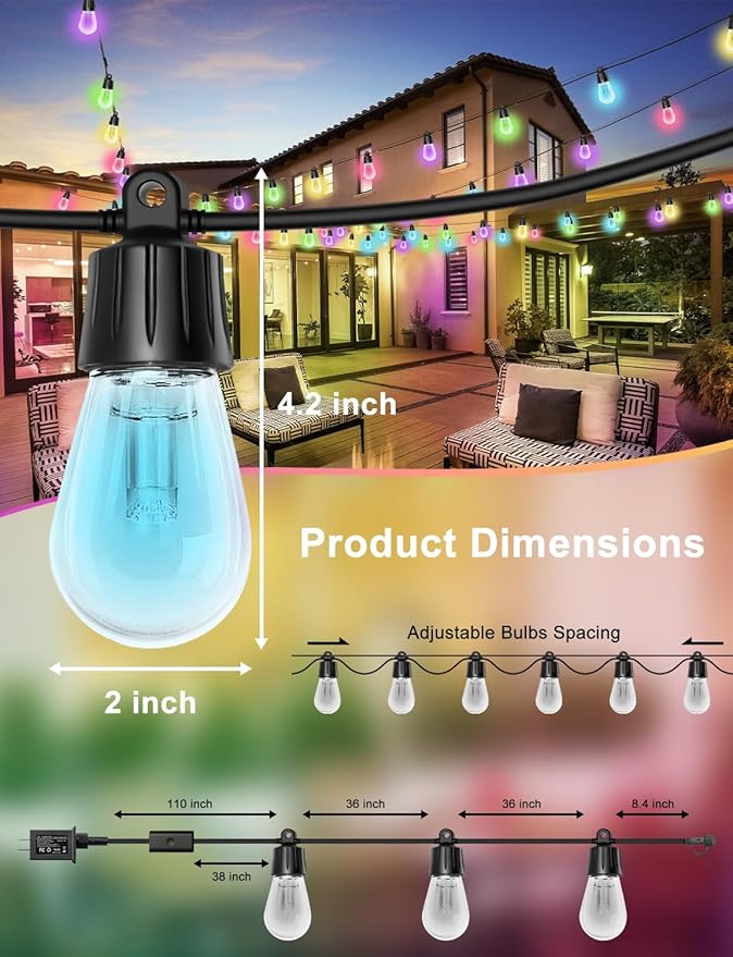 100ft String Lights for Outside, Smart RGB IC Warm White Patio Lights Outdoor Waterproof with Remote & App Control, Compatible with Alexa Great for Porch, Yard, Pergola