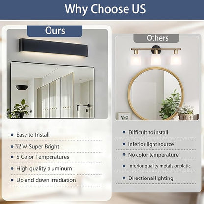 32.6 in LED Bathroom Vanity Light, Modern Black Hardwired Vanity Lights for Bathroom Over Mirror, 32W, 5 CCT Adjustable 3000K-6500K Wall Mounted Bathroom Light Fixture, 2 Pack