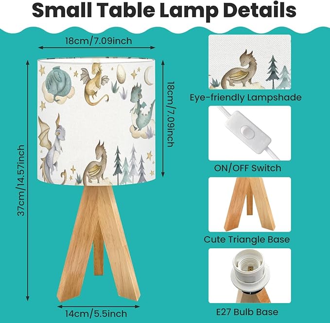 Tripod Bedside Desk Table Lamp Dragon Baby Animals Watercolor Wood Nightstand Lamp with Linen Fabric Shade for Nursery Bedroom Living Room Kids Room