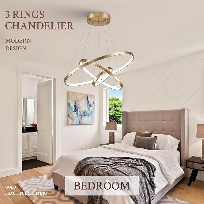 3 Ring Modern LED Chandelier Gold Dimmable Round Chandeliers, LED Circular Pendant Light Fixture with Remote Control for Living Room, Dining Room, Office, Entry, Bedroom