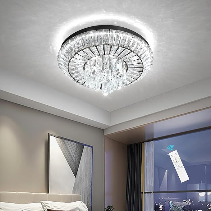 Crystal Chandelier 40W Modern Round Ceiling Light Fixture LED Raindrop Chandeliers Dimmable with Remote for Dining Room Living Room Entryway Hallway Bedroom Black