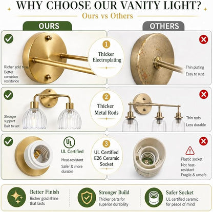 3-Light Gold Brass Bathroom Light Fixture with Clear Tulip Glass Shade,Wall Sconces,Vintage Vanlity Light Over Mirror,Bathroom Wall Light,E26 Socket(Bulbs Not Included)