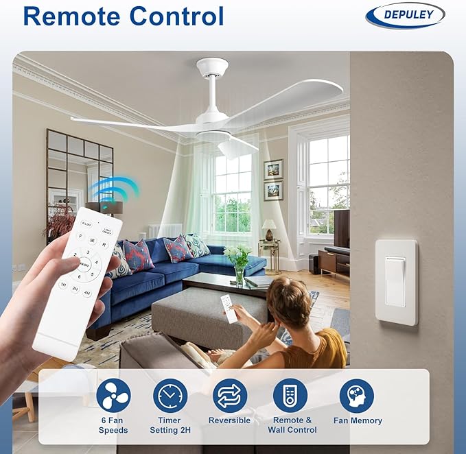 Depuley Ceiling Fan Without Light: 52 Inch 3 Blade Outdoor Fans for Patios - White Ceiling Fan No Light Indoor Remote Control Ultra Quiet DC Motor Reversible 6 Speed Timer