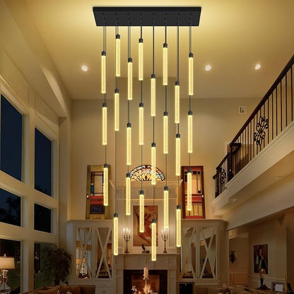 Modern Rectangular Crystal Chandeliers LED Dimmable Crystal Column Chandelier Living Room Foyer Crystals Pendant Light for Dining Room Adjustable Height 24-Light Black
