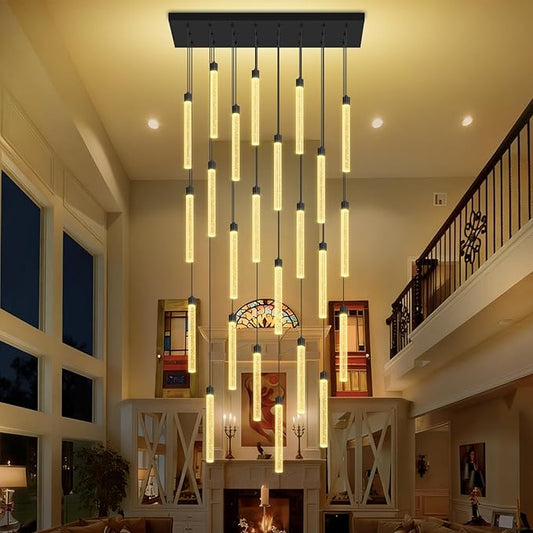 Modern Rectangular Crystal Chandeliers LED Dimmable Crystal Column Chandelier Living Room Foyer Crystals Pendant Light for Dining Room Adjustable Height 24-Light Black