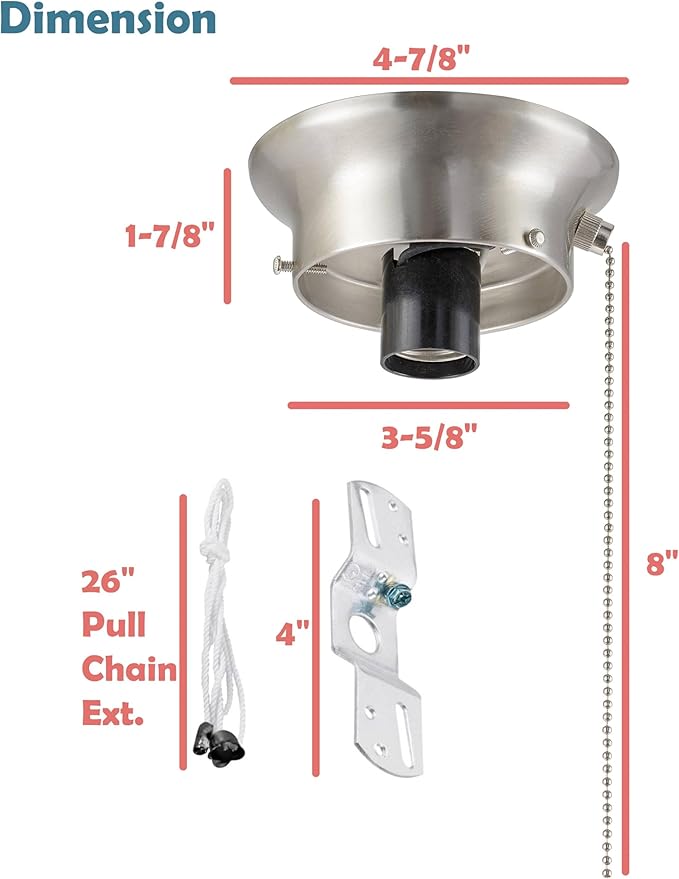 Aspen Creative 22101-09-1, Flush Mount Ceiling Fixture Shade Holder Kit with On/Off Pull Chain Switch in Brushed Nickel Finish 3-5/8" Fitter, 4-7/8" Diameter x 1-7/8" Height