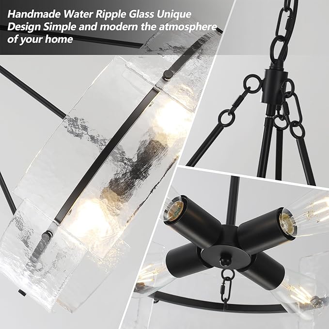 Black 22" Farmhouse Glass Chandelier - Modern Round Foyer Lighting Fixture for Dining Room, Kitchen Island, Bedroom, Living Room, Entryway