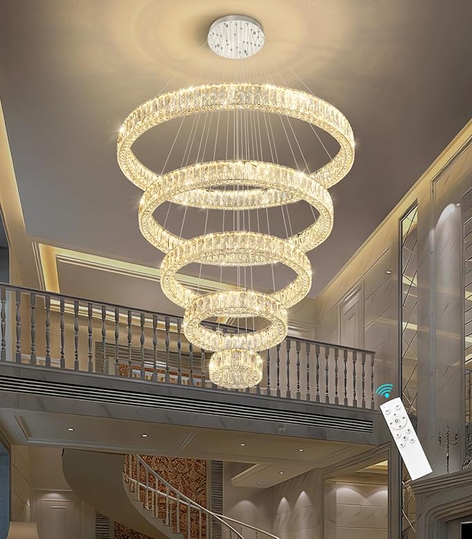 HAIXIANG 5-Rings Modern Chandelier with LED Dimmable Lights Crystal High Ceiling Chandeliers Lighting for Living Room Foyer Entryway Luxury Indoor Light Silver Fixtures