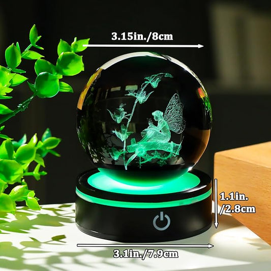 YWHL 3D Butterfly Fairy Figurine Crystal Ball with Colorful Light Base, Fairy Gifts for Women Girls on Christmas Birthday, Laser Engraved Elf Full Sphere Glass Decorative Ball for Home Office (80mm)