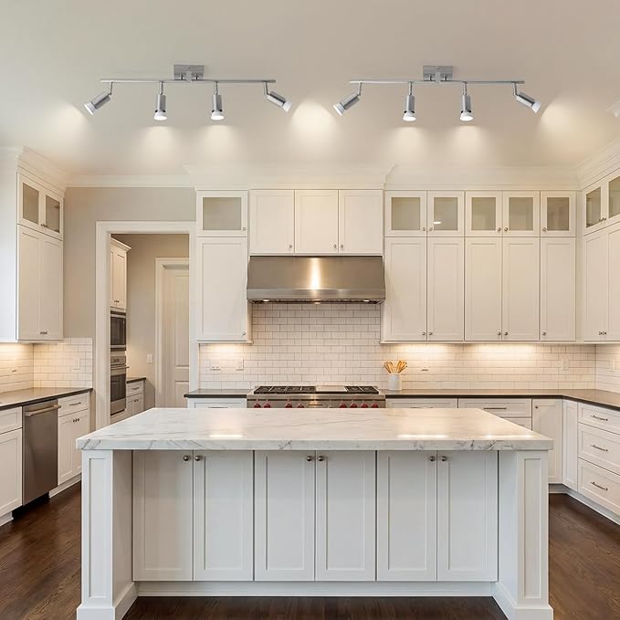 4-Light Nickel Track Lighting Kit, Adjustable GU10 Ceiling Spotlight Fixture with Rotatable Heads, Modern Flush Mount for Kitchen Island, Hallway, Living Room (Bulbs Not Included)