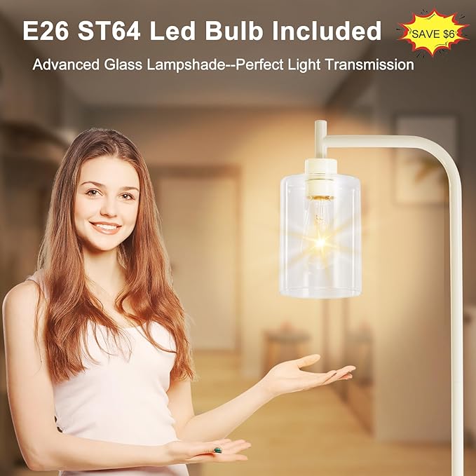 DLLT Floor Lamp Tall for Room: Light Gold Standing Lamp with Clear Glass Lampshade for Living Room - Modern Bright Lamp for Bedroom - Industrial Corner Floor Lamps for Office 8W Led Bulb Included