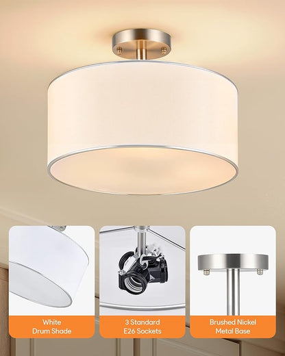 VONLUCE Semi-Flush Mount Ceiling Light, 15" Modern 3-Light Ceiling Light Fixture with White Drum Shade 3 E26 Sockets for Bedroom Entryway Living Room, Nickel Finish, ETL Certificated