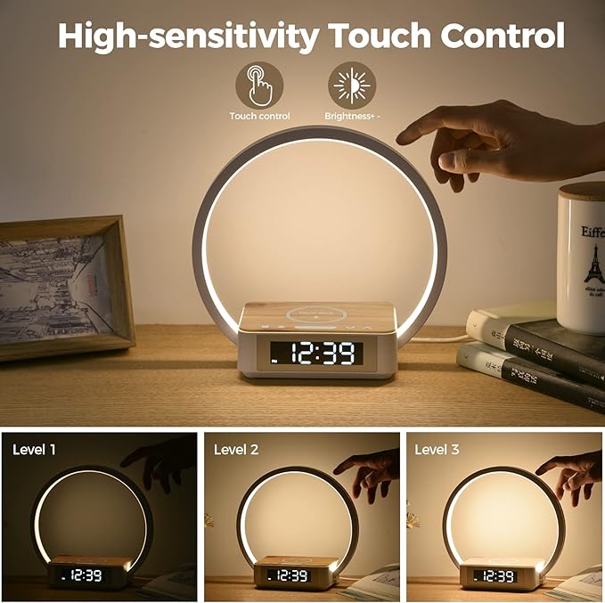 Blonbar Desk Lamp with Alarm Clock Qi Wireless Charger, Touch Lamp for bedroom 3 Light Hues, Bedside Lamp 10W Max Wireless Charging Table Lamp LED Eye-Caring Reading Nightstand Light for Living Room