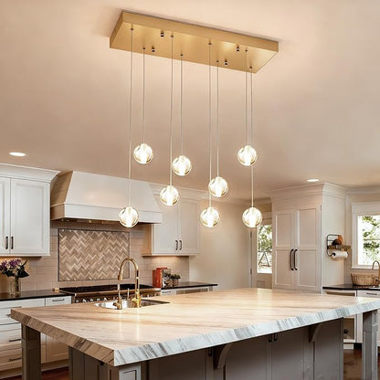 8 Lights Gold Raindrop Rectangle Chandelier, Modern Bubble Crystal Chandelier for Dining Room, Large Pendant Light for High Ceilings Staircase Foyer Entryway Living Room Kitchen Island